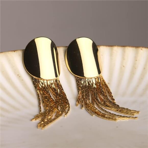 Gold Tassel Dangle Earrings | Vintage Retro Black Disc Statement Jewelry - Picture 2 of 7